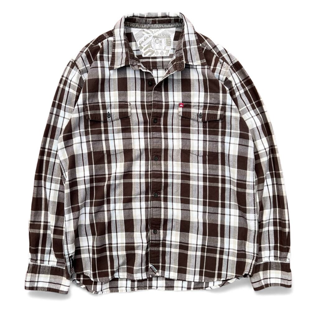 Vintage Y2K Quiksilver Flannel Plaid Button Up Shirt Skater Surf Brown Blue Tan